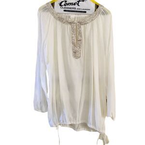 120% Lino Cotton Silk Blend White Embellished Silver Cover Up